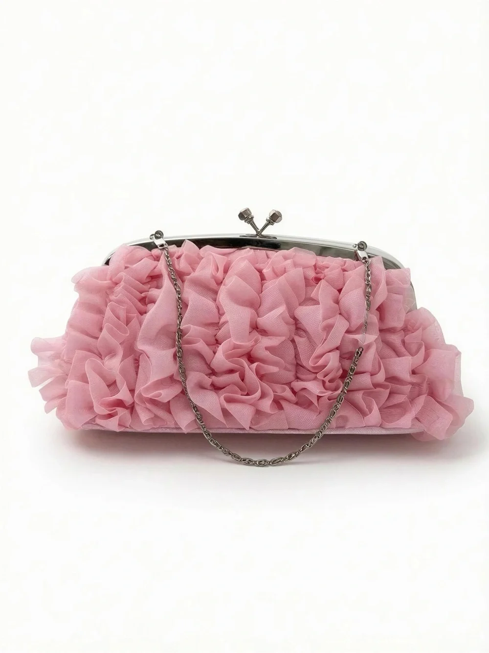 Pink Ruffle Evening Clutch/Crossbody Crystal Embellished Kiss-Lock Handbag
